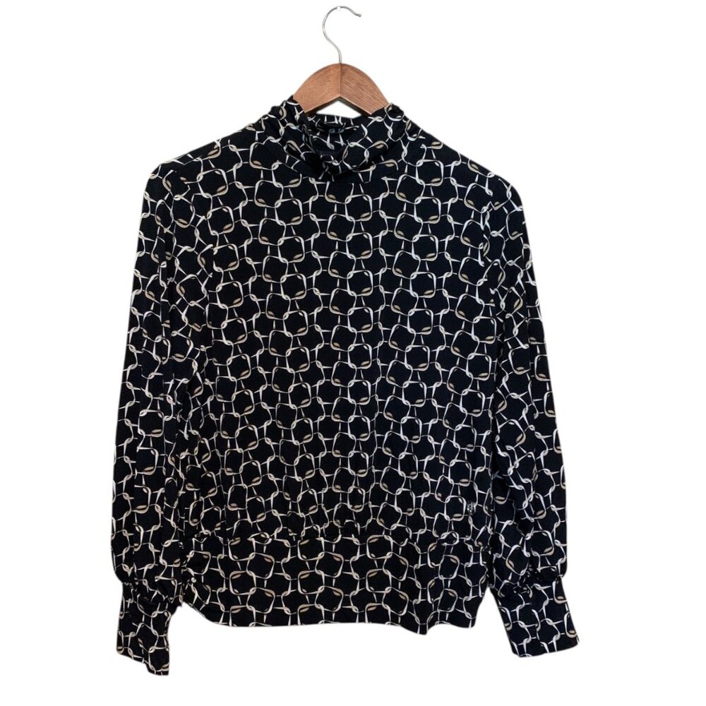 NWT Adrienne Vittadini Women's Blouse B&W Geometric High-Neck Banded‎ Waist Sz